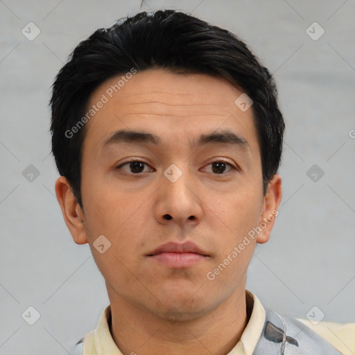 Neutral asian young-adult male with short  black hair and brown eyes