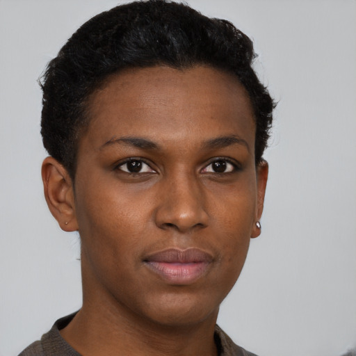 Neutral black young-adult female with short  brown hair and brown eyes