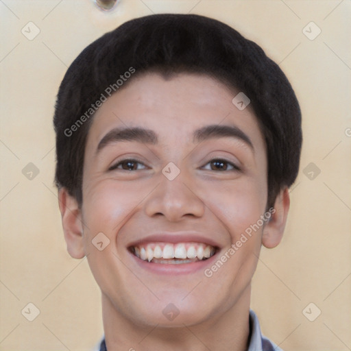 Joyful white young-adult male with short  black hair and brown eyes