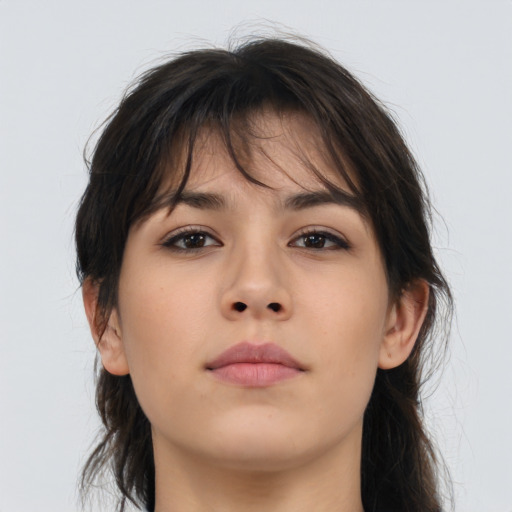 Neutral asian young-adult female with long  brown hair and brown eyes