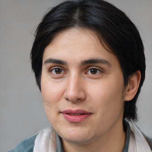 Joyful white young-adult female with medium  brown hair and brown eyes