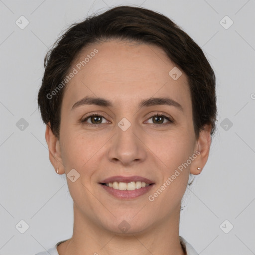 Joyful white young-adult female with short  brown hair and brown eyes