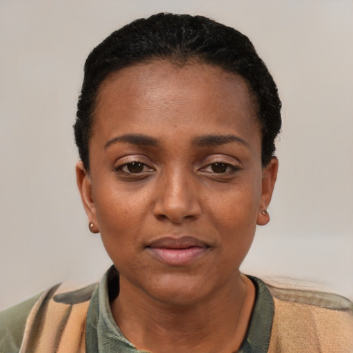 Neutral black young-adult female with short  black hair and brown eyes
