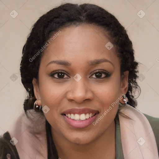 Joyful black young-adult female with long  brown hair and brown eyes