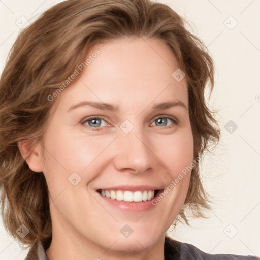 Joyful white young-adult female with medium  brown hair and blue eyes