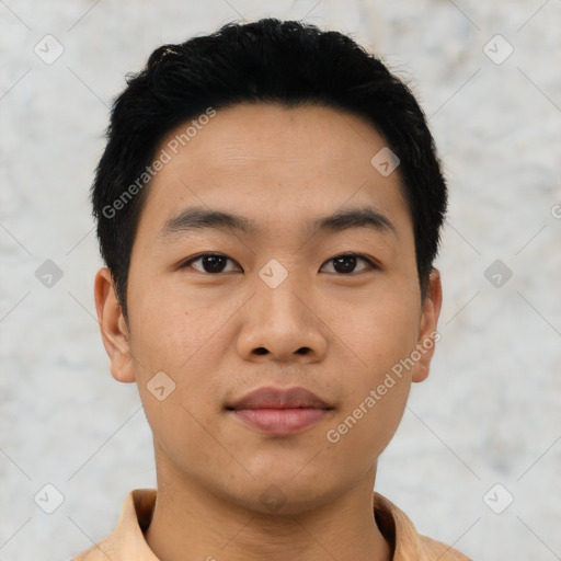 Neutral asian young-adult male with short  black hair and brown eyes