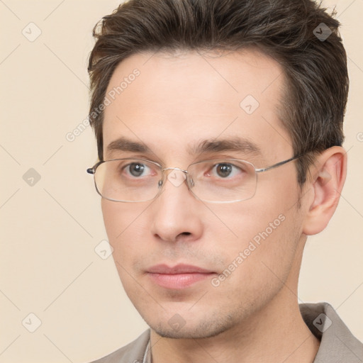 Neutral white young-adult male with short  brown hair and brown eyes