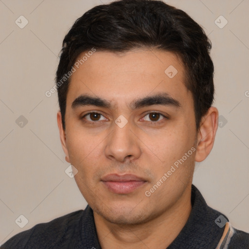 Neutral white young-adult male with short  black hair and brown eyes