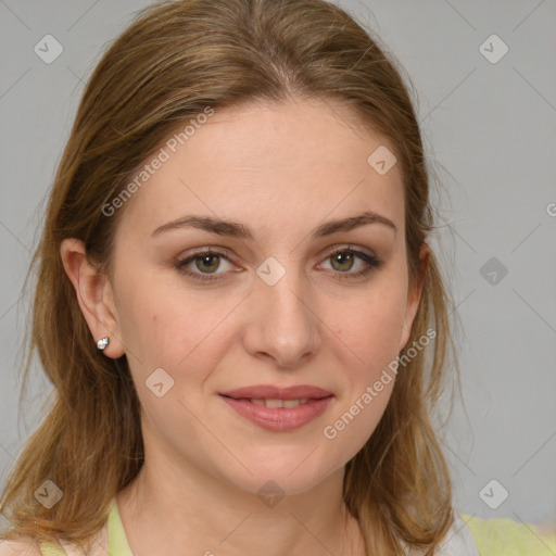 Joyful white young-adult female with medium  brown hair and blue eyes