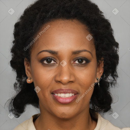 Joyful black young-adult female with medium  black hair and brown eyes