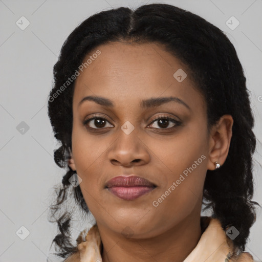 Joyful black young-adult female with medium  black hair and brown eyes