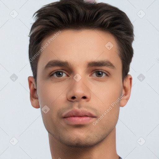 Neutral white young-adult male with short  brown hair and brown eyes