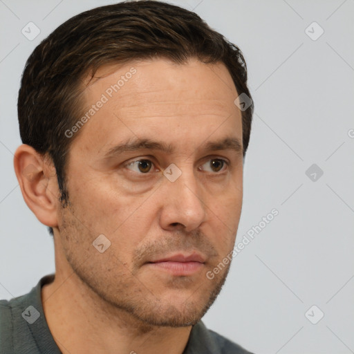 Neutral white adult male with short  brown hair and brown eyes