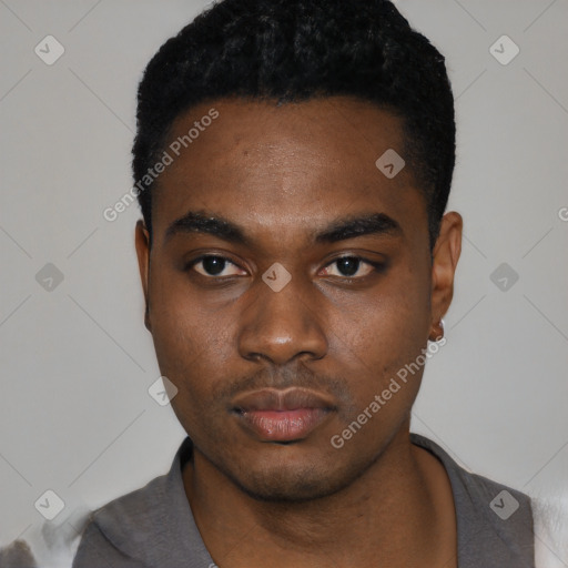 Neutral black young-adult male with short  black hair and brown eyes