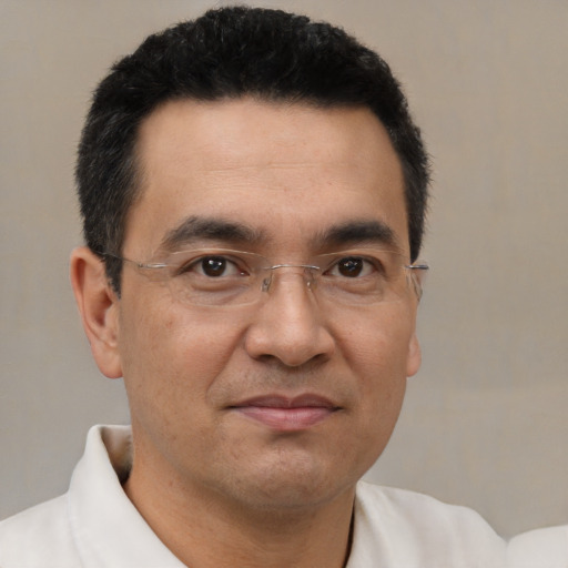 Joyful asian adult male with short  black hair and brown eyes