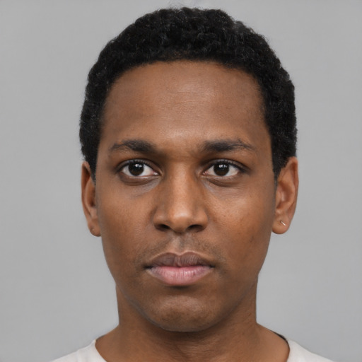 Neutral black young-adult male with short  black hair and brown eyes
