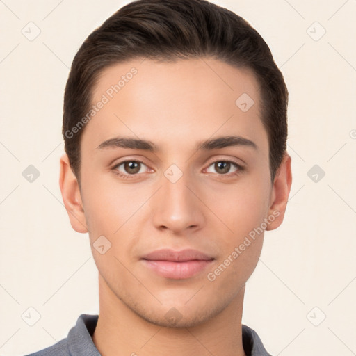 Neutral white young-adult male with short  brown hair and brown eyes