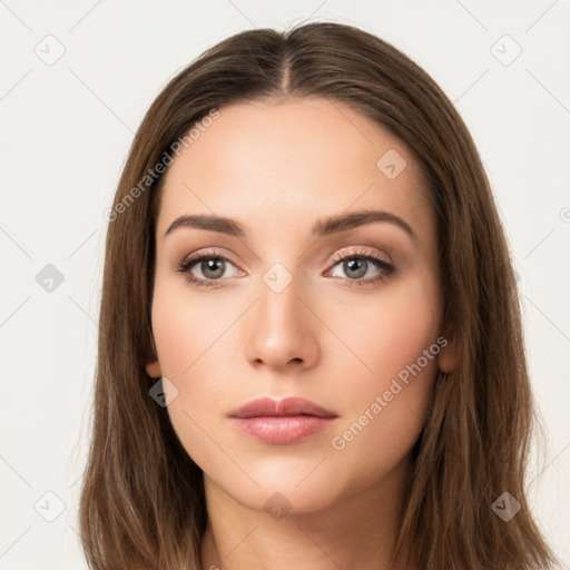 Neutral white young-adult female with long  brown hair and brown eyes