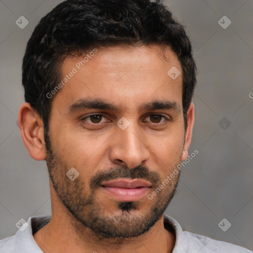 Neutral latino young-adult male with short  brown hair and brown eyes
