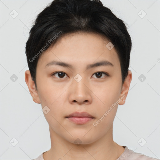 Neutral asian young-adult female with short  black hair and brown eyes