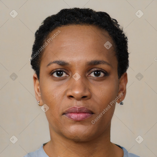 Neutral black young-adult female with short  black hair and brown eyes