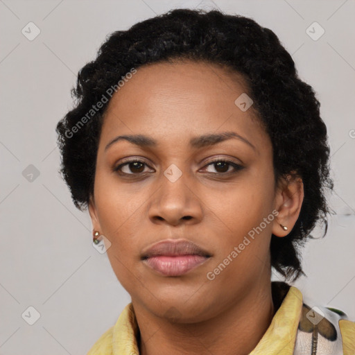 Neutral black young-adult female with short  black hair and brown eyes