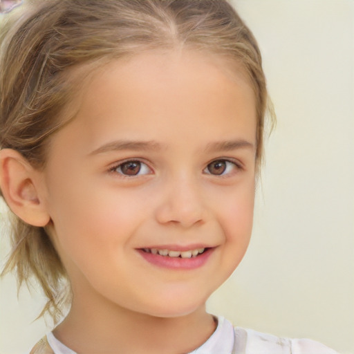 Joyful white child female with medium  blond hair and brown eyes