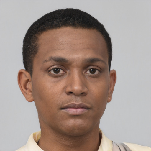 Neutral black young-adult male with short  black hair and brown eyes