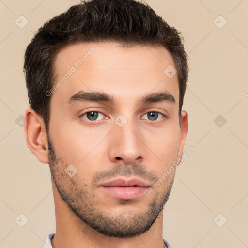 Neutral white young-adult male with short  brown hair and brown eyes