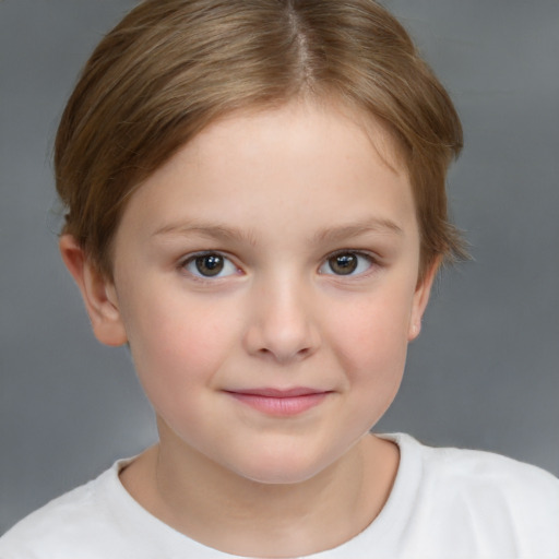 Joyful white child female with short  brown hair and brown eyes