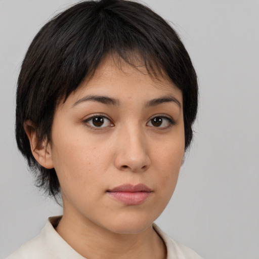Neutral white young-adult female with medium  brown hair and brown eyes