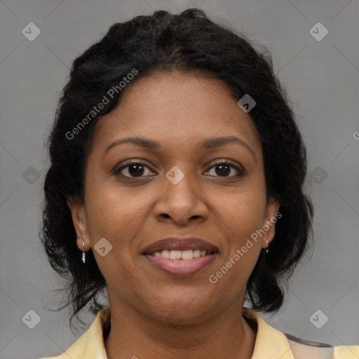 Joyful black young-adult female with medium  brown hair and brown eyes