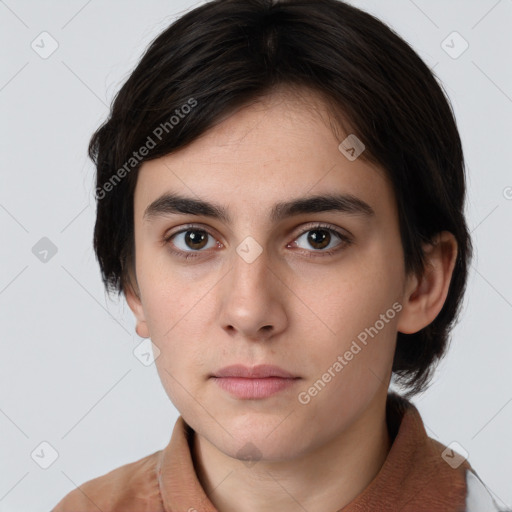 Neutral white young-adult female with medium  brown hair and brown eyes