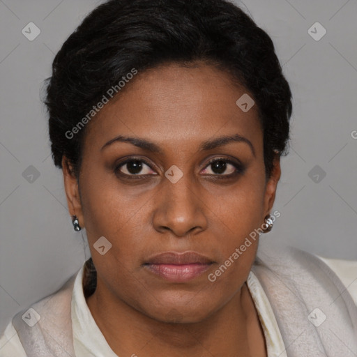 Neutral black young-adult female with short  brown hair and brown eyes