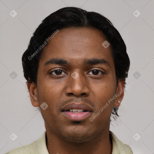 Neutral black young-adult male with short  black hair and brown eyes