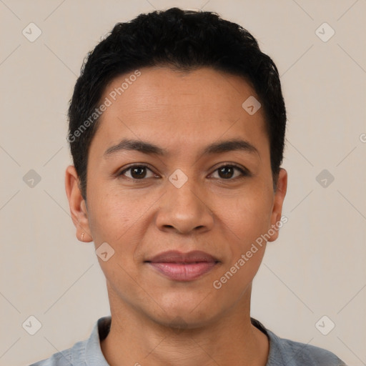 Joyful latino young-adult male with short  black hair and brown eyes