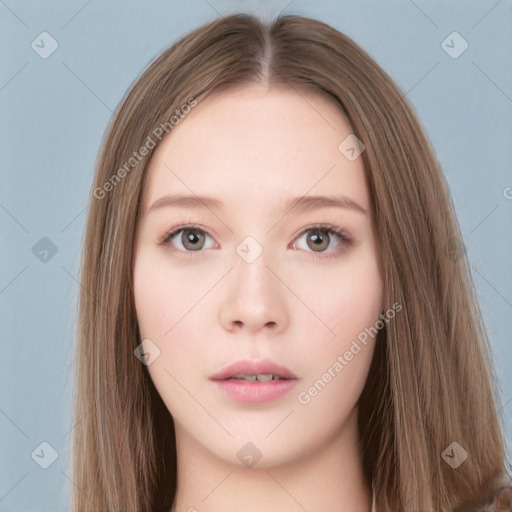 Neutral white young-adult female with long  brown hair and grey eyes