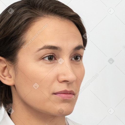 Neutral white young-adult female with medium  brown hair and brown eyes