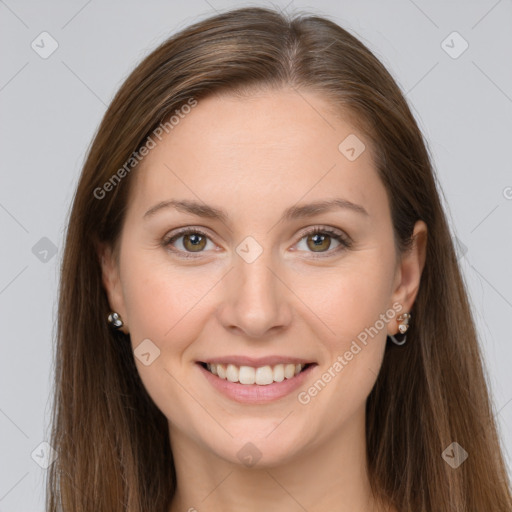 Joyful white young-adult female with long  brown hair and grey eyes