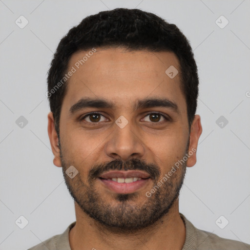 Neutral latino young-adult male with short  black hair and brown eyes