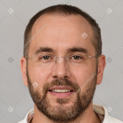 Joyful white adult male with short  brown hair and brown eyes