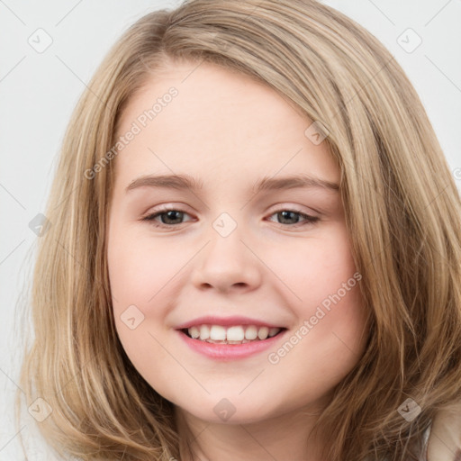 Joyful white child female with long  brown hair and brown eyes