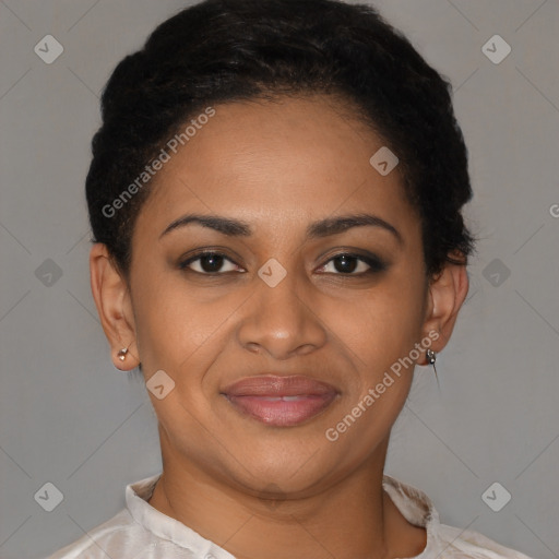 Joyful latino young-adult female with short  brown hair and brown eyes