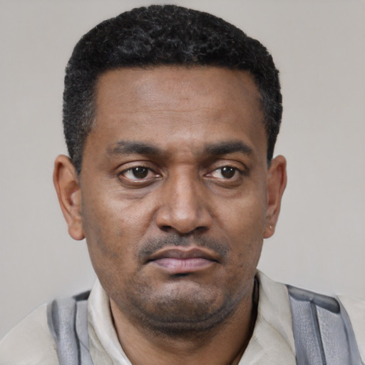 Neutral latino adult male with short  black hair and brown eyes