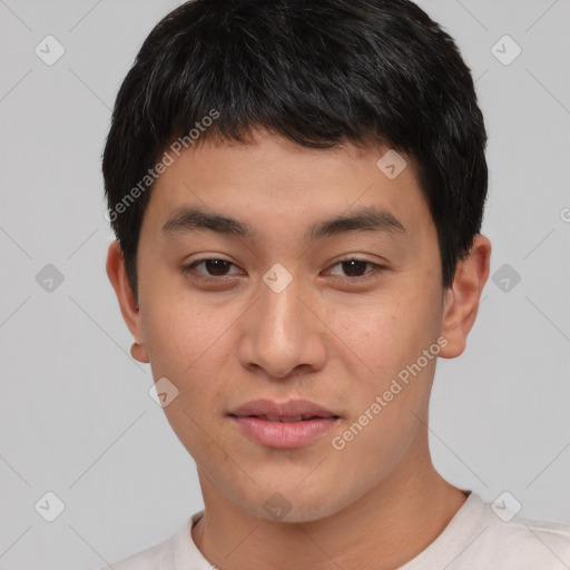 Neutral asian young-adult male with short  black hair and brown eyes
