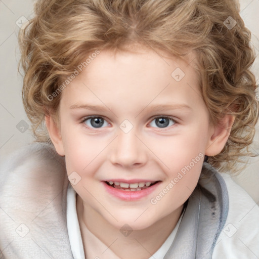 Joyful white child female with medium  brown hair and grey eyes