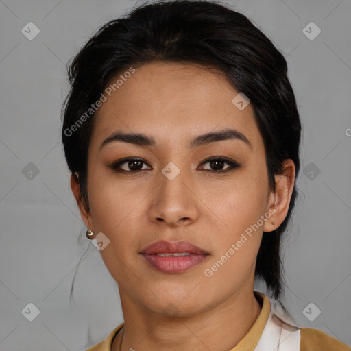 Neutral asian young-adult female with medium  black hair and brown eyes