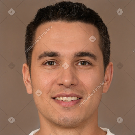 Joyful white young-adult male with short  brown hair and brown eyes