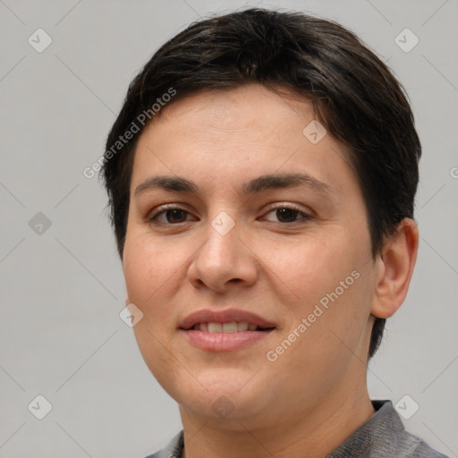 Joyful white young-adult female with short  brown hair and brown eyes