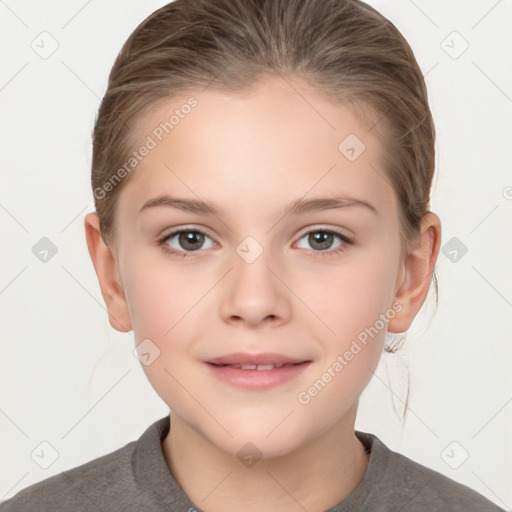 Joyful white child female with medium  brown hair and brown eyes